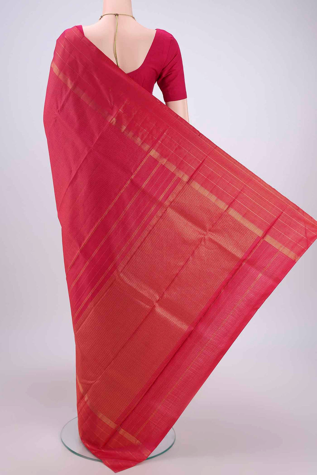 Flat view of Dark Pink Dual Tone Kanchipuram Silk Saree with Checked design on the body and Zari Border. 