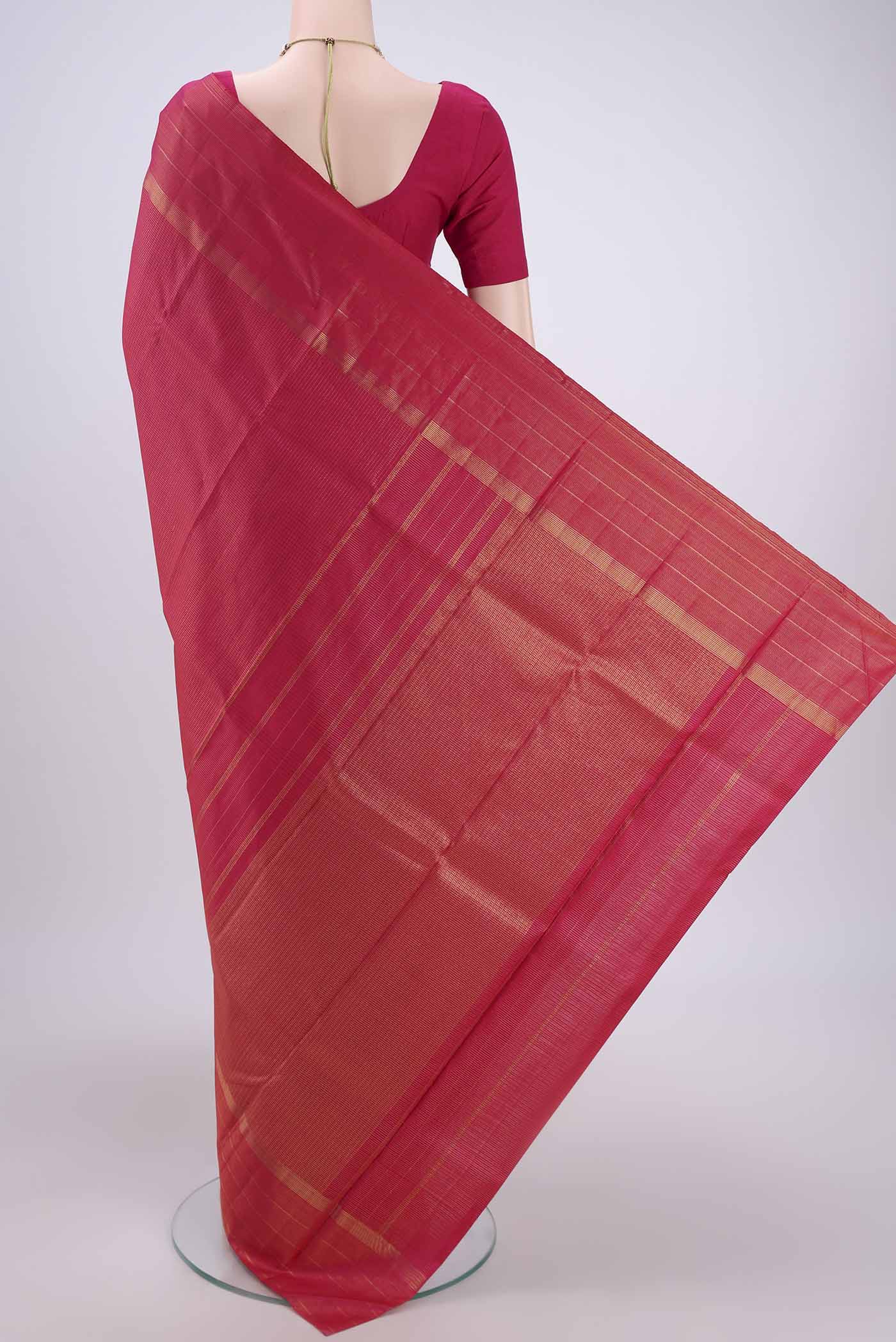 Flat view of Dark Pink Dual Tone Kanchipuram Silk Saree with Checked design on the body and Zari Border. 