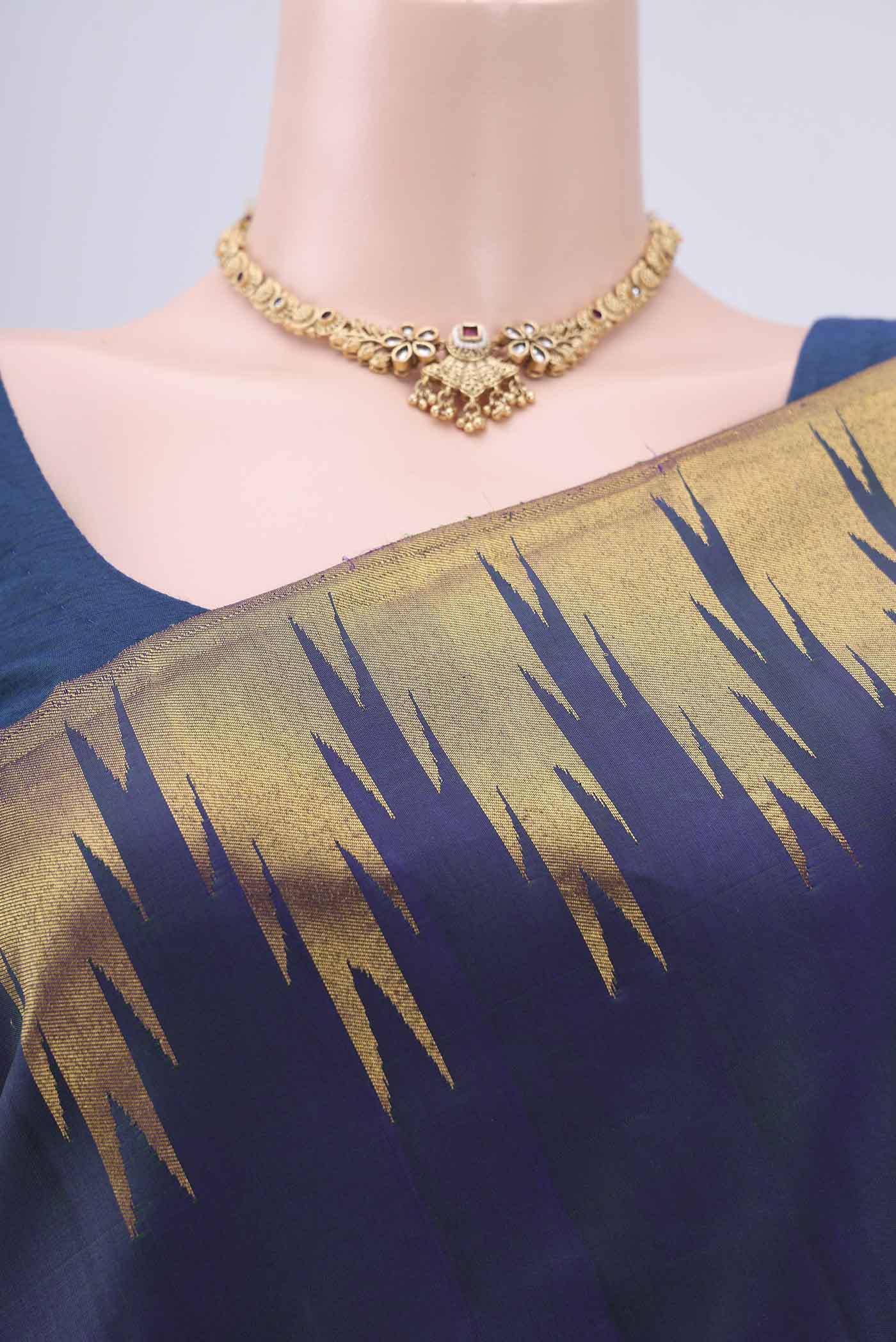 Border image of Peacock Blue Kanjivaram Silk Saree with Plain Body and Temple Border. 