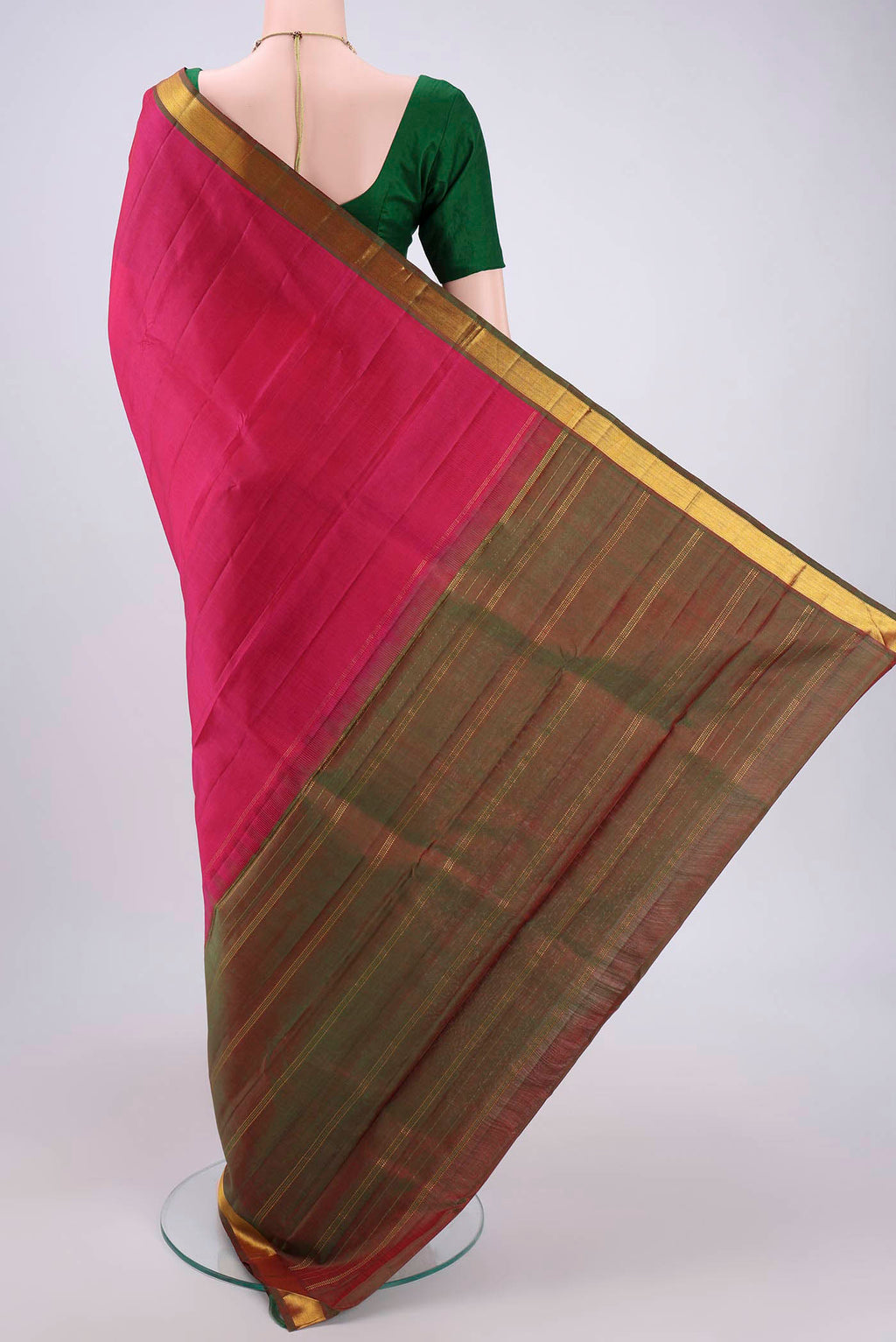 Flat view of Pink Kanjivaram Silk Saree with Plain Body and Zari Border. 