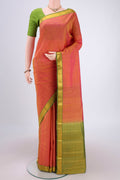 Brick Orange Dual Tone Kanjivaram Silk Saree with Plain Body and Zari Border.  displayed on a mannequin