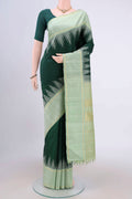 Bottle Green Kanjivaram Silk Saree with Plain Body and Temple Border.  displayed on a mannequin
