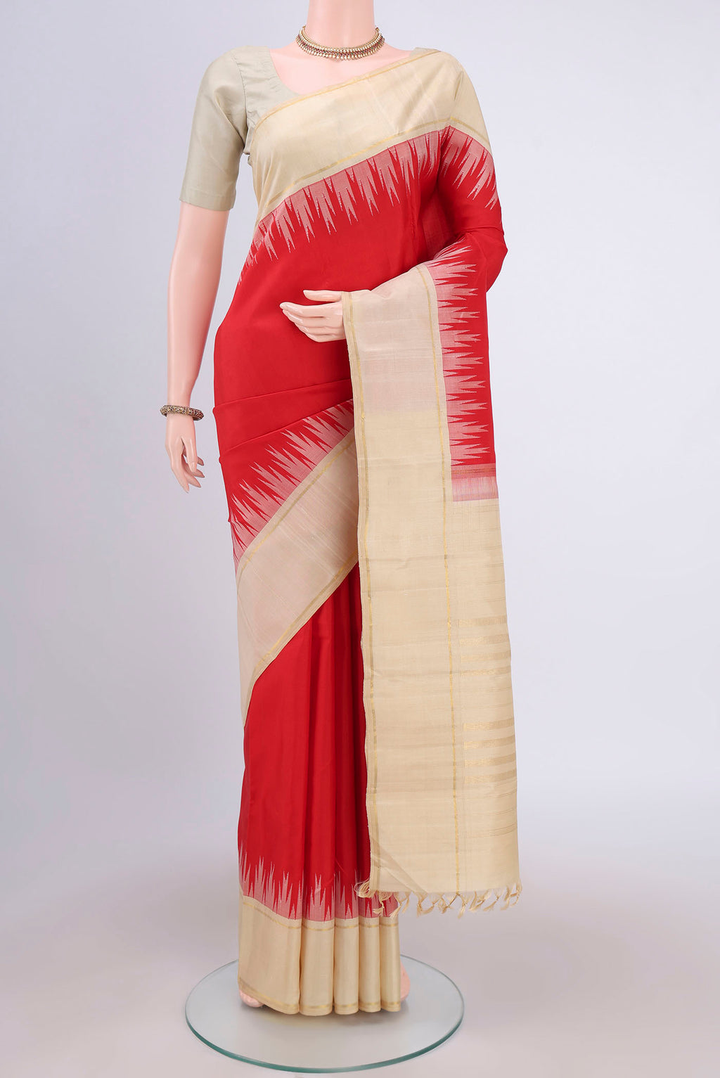 Red Dual Tone Kanjivaram Silk Saree with Plain Body and Temple Border.  displayed on a mannequin
