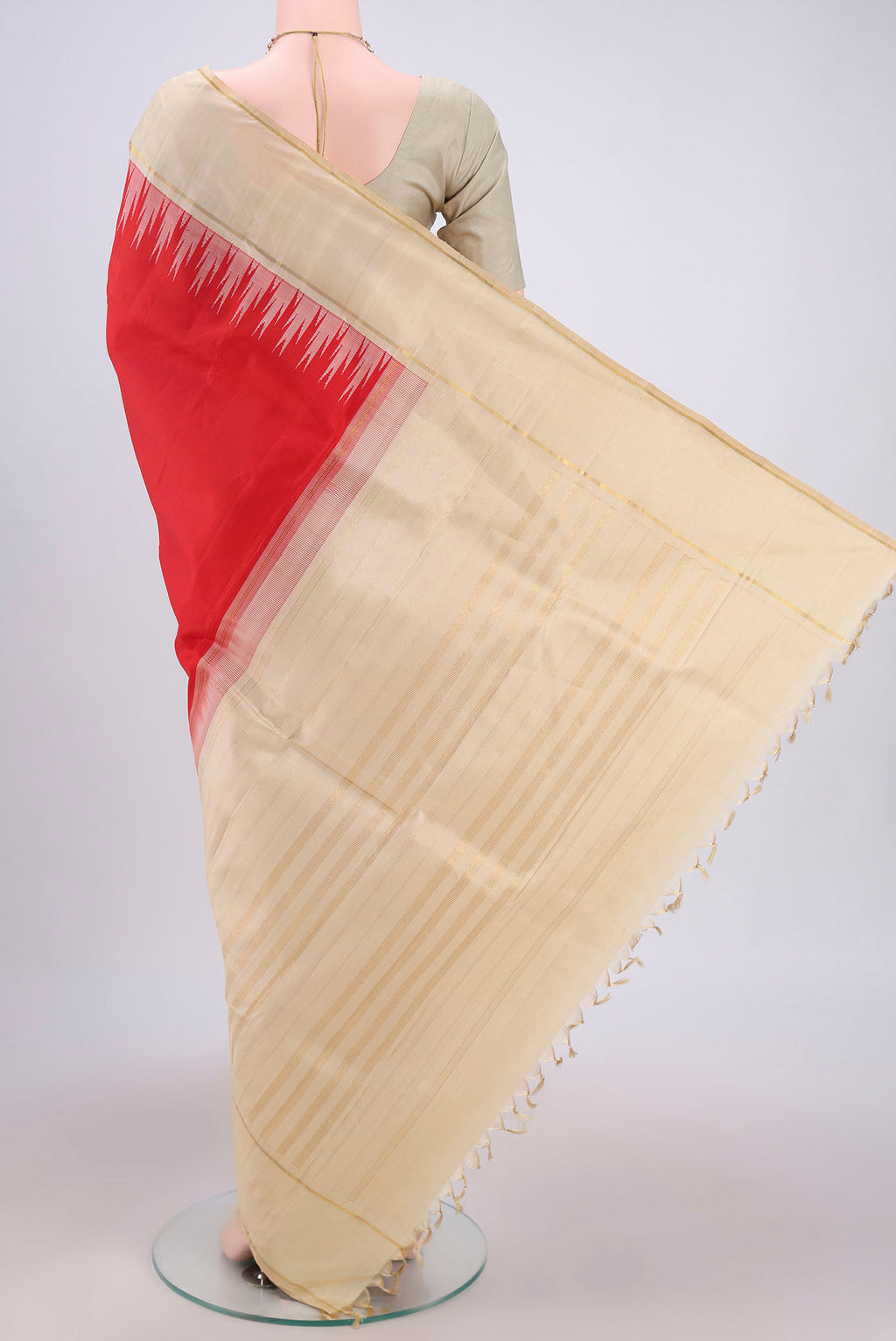 Flat view of Red Dual Tone Kanjivaram Silk Saree with Plain Body and Temple Border. 