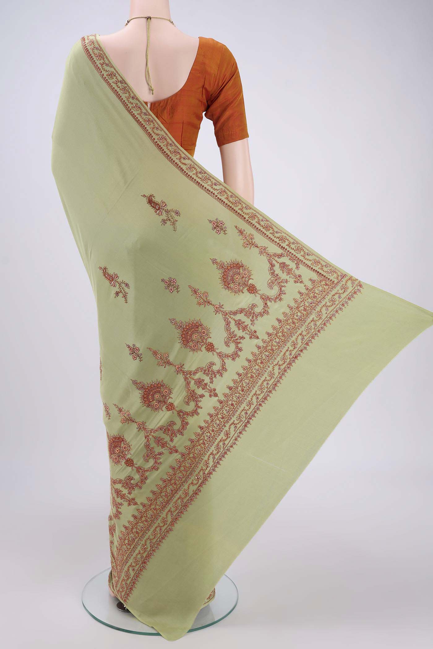 Flat view of Sage Green Kashmiri Saree with Plain Body and Thread Border. 