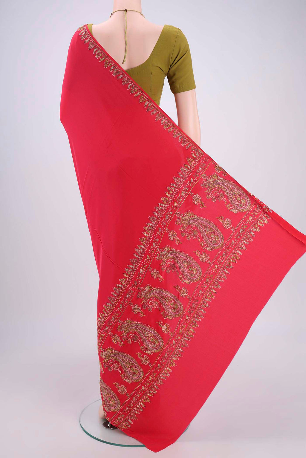 Flat view of Red Kashmiri Saree with Plain Body and Thread Border. 