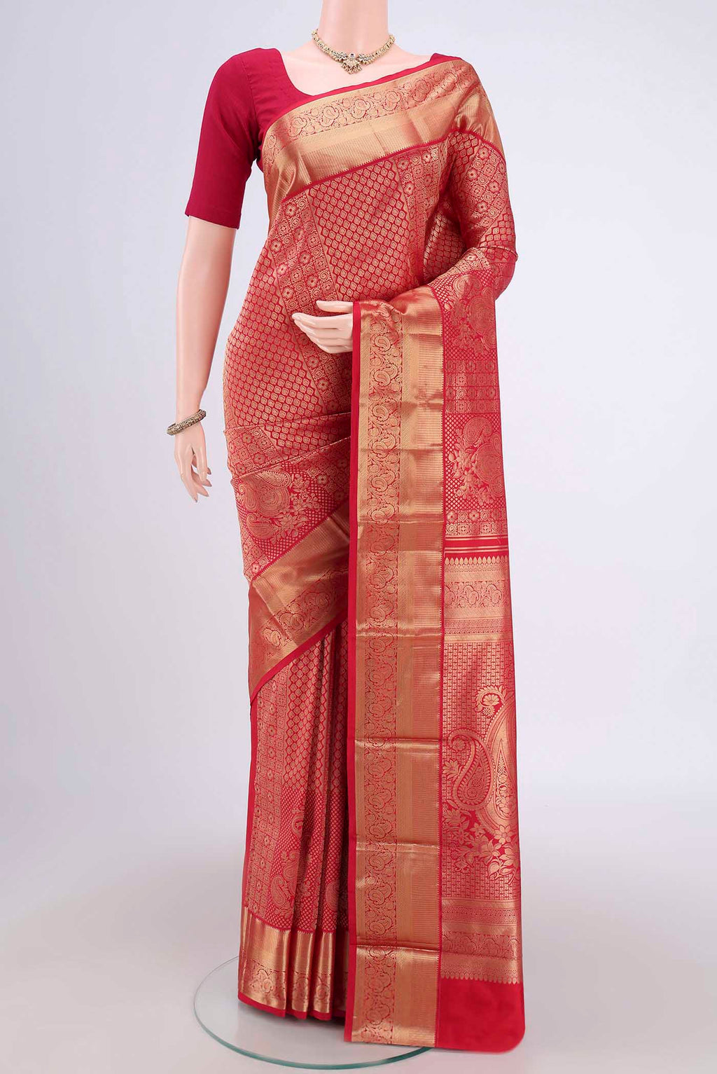 Red Bangalore Silk Saree with Zari Brocade on the body and Zari Border.  displayed on a mannequin