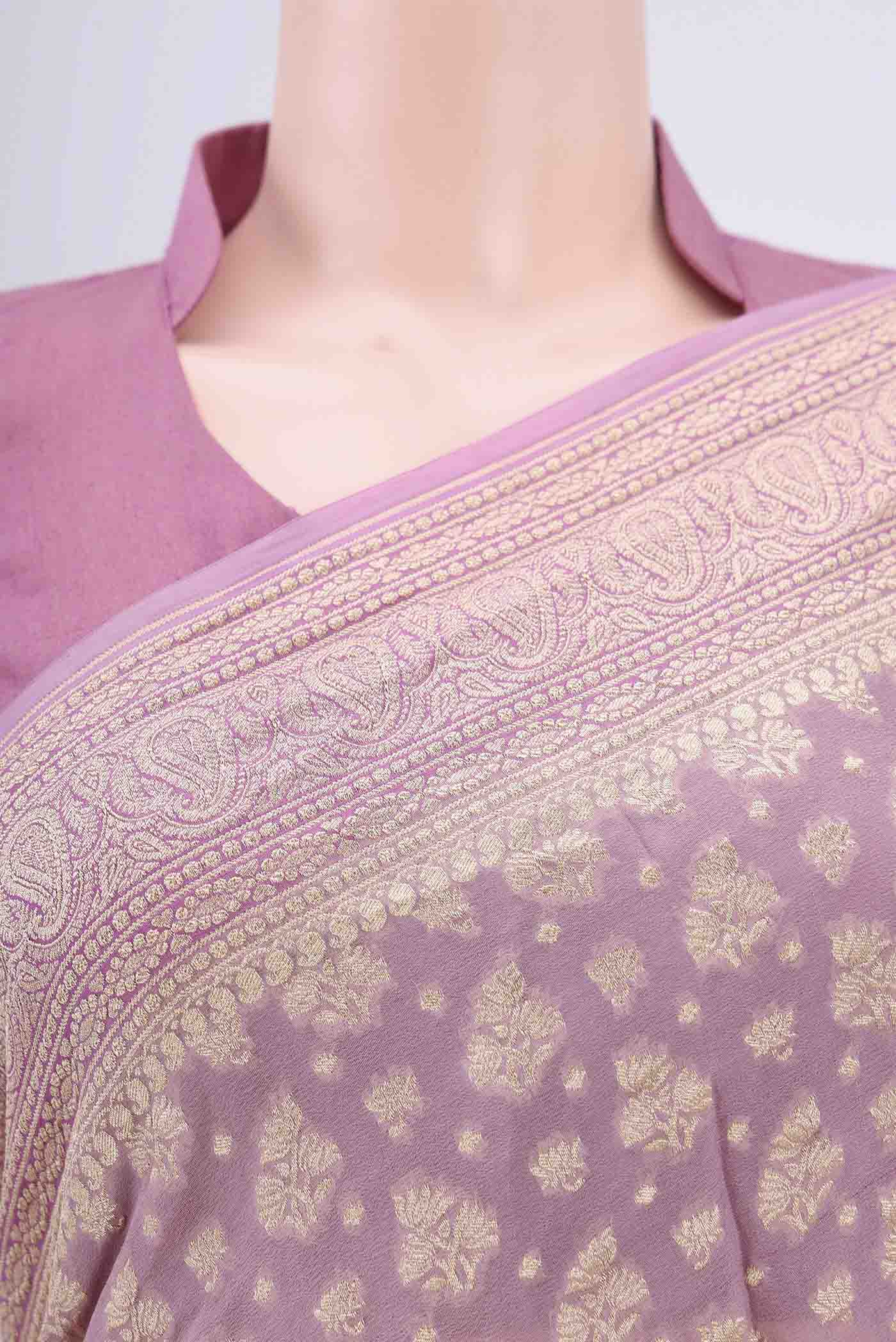Border image of Lilac Banarasi Georgette Saree with Zari Brocade on the body and Zari Border. 