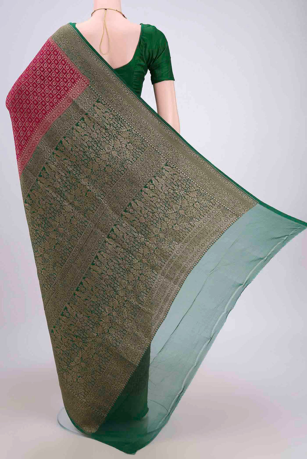 Flat view of Dark Pink Banarasi Georgette Saree with Checked design on the body and Zari Border. 
