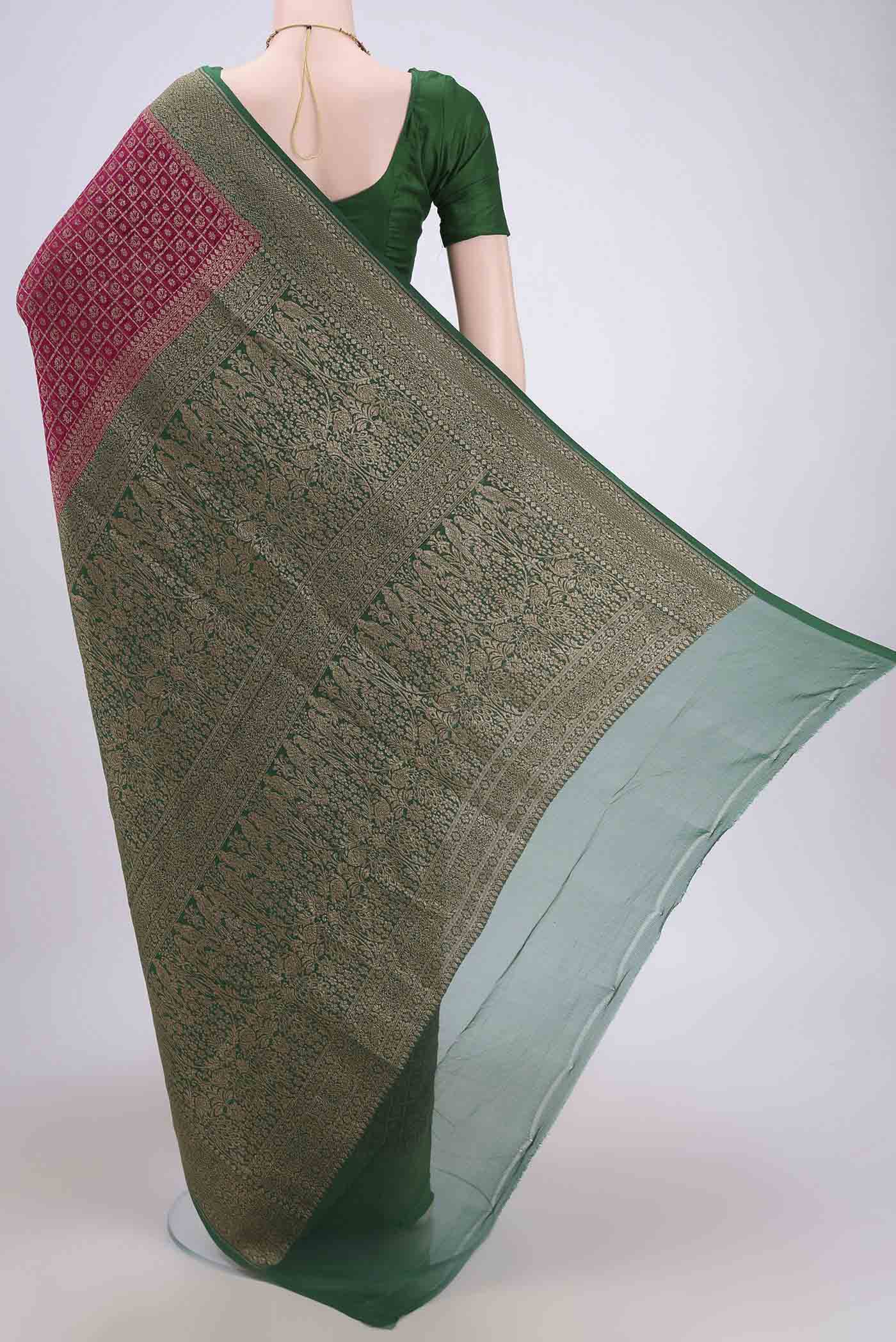 Flat view of Dark Pink Banarasi Georgette Saree with Checked design on the body and Zari Border. 