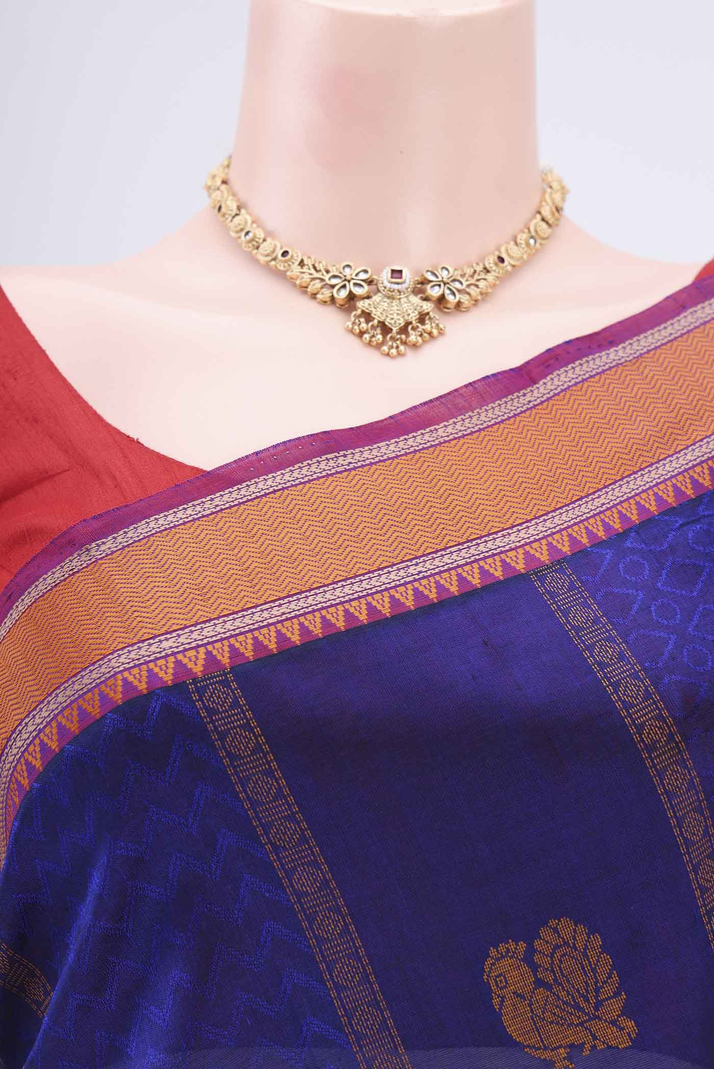Border image of Navy Blue Coimbatore Silk Cotton Saree with Thread Butta on the body and Thread Border. 