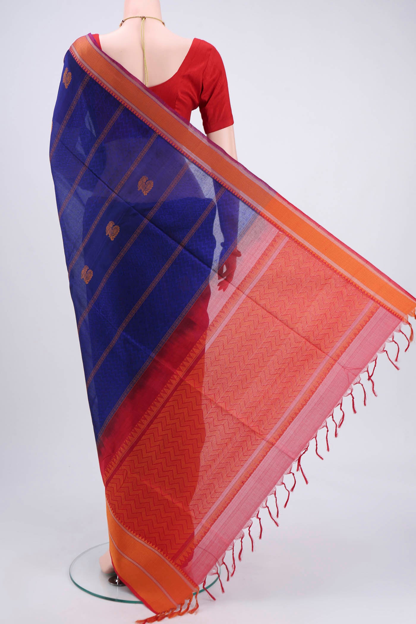 Flat view of Navy Blue Coimbatore Silk Cotton Saree with Thread Butta on the body and Thread Border. 
