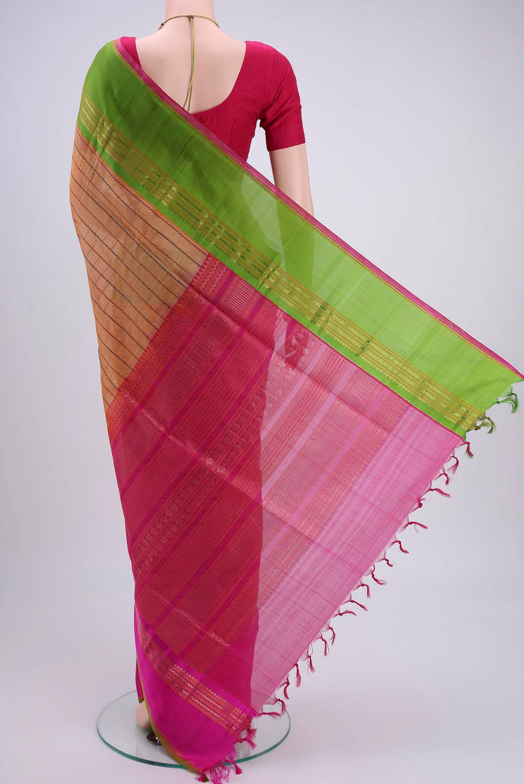 Flat view of Sandal Blended Coimbatore Silk Cotton Saree with Veldhari on the body and Plain Border. 