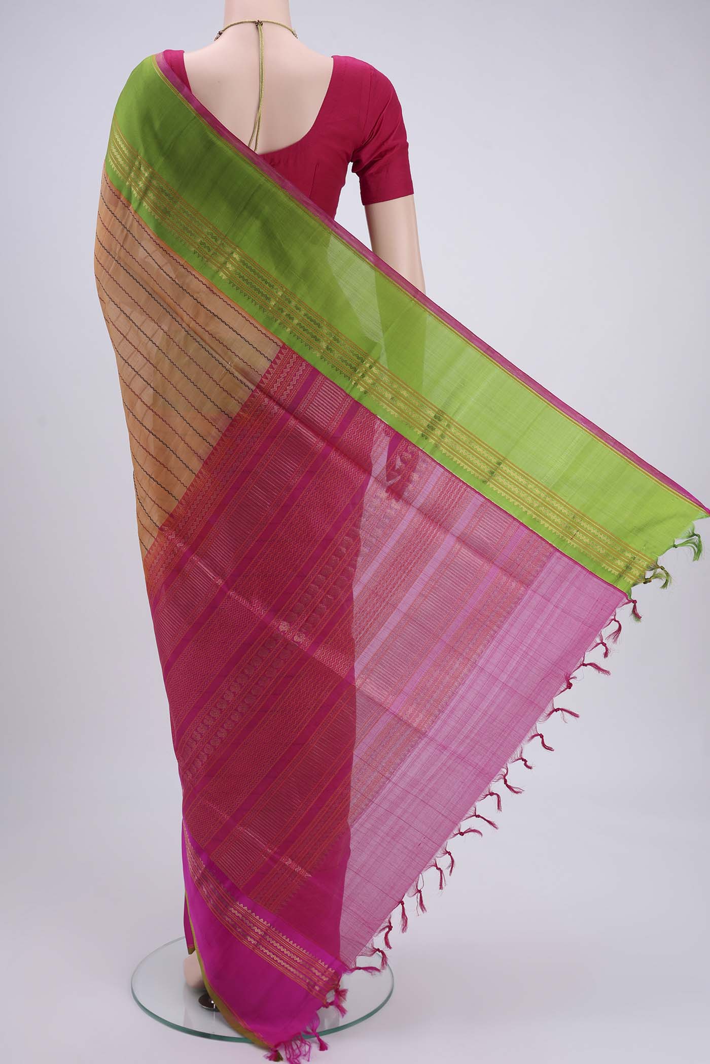 Flat view of Sandal Blended Coimbatore Silk Cotton Saree with Veldhari on the body and Plain Border. 