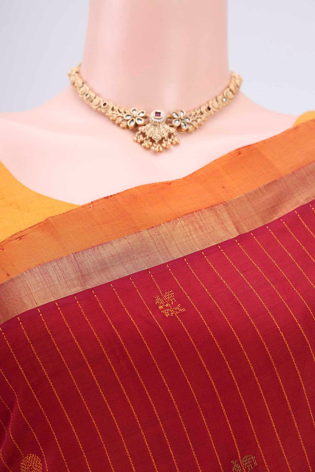 Border image of Maroon Coimbatore Silk Cotton Saree with Stripes on the body and Zari Border. 