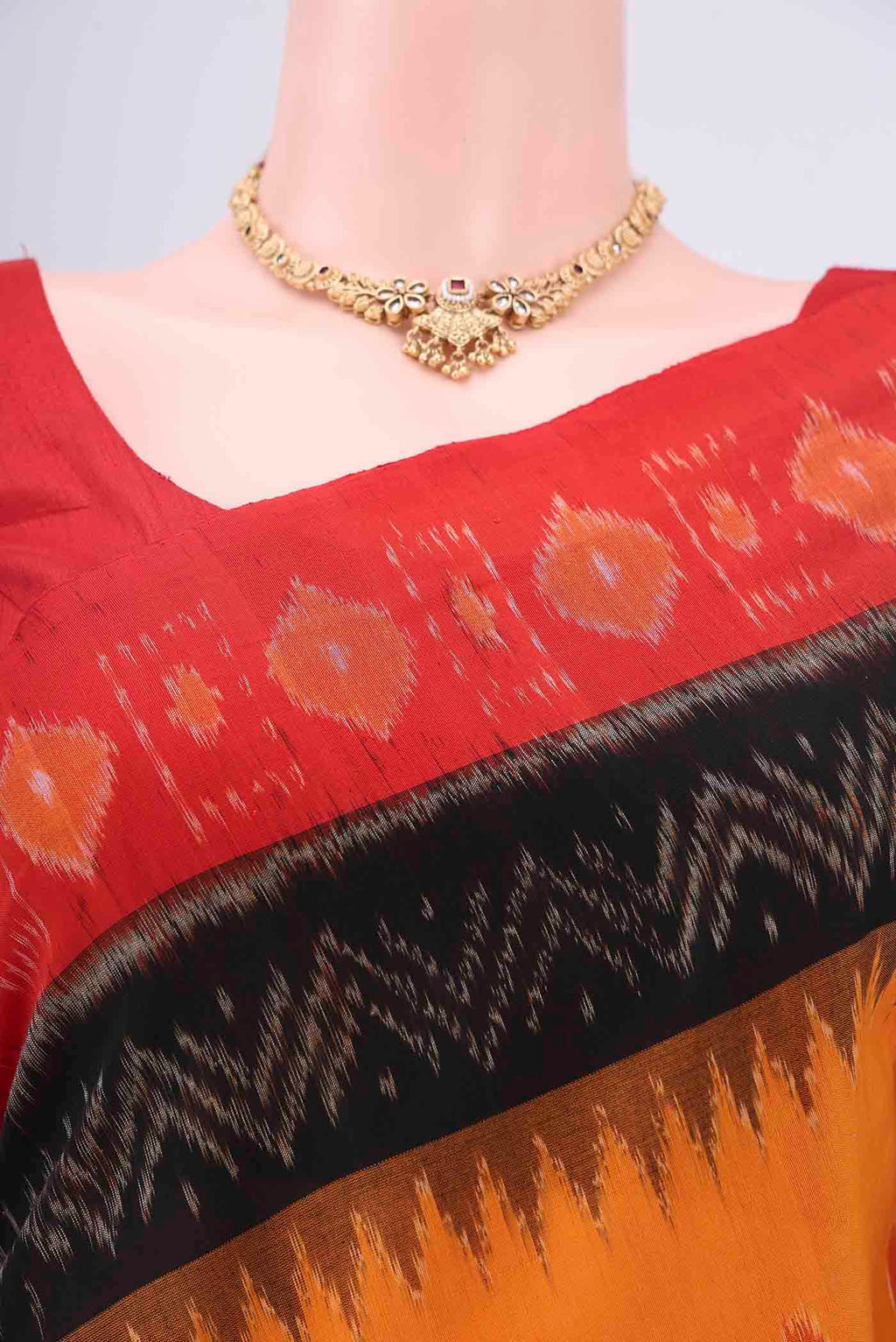 Border image of Mustard Pochampally Cotton Saree with Ikat design on the body and Ikat Border. 