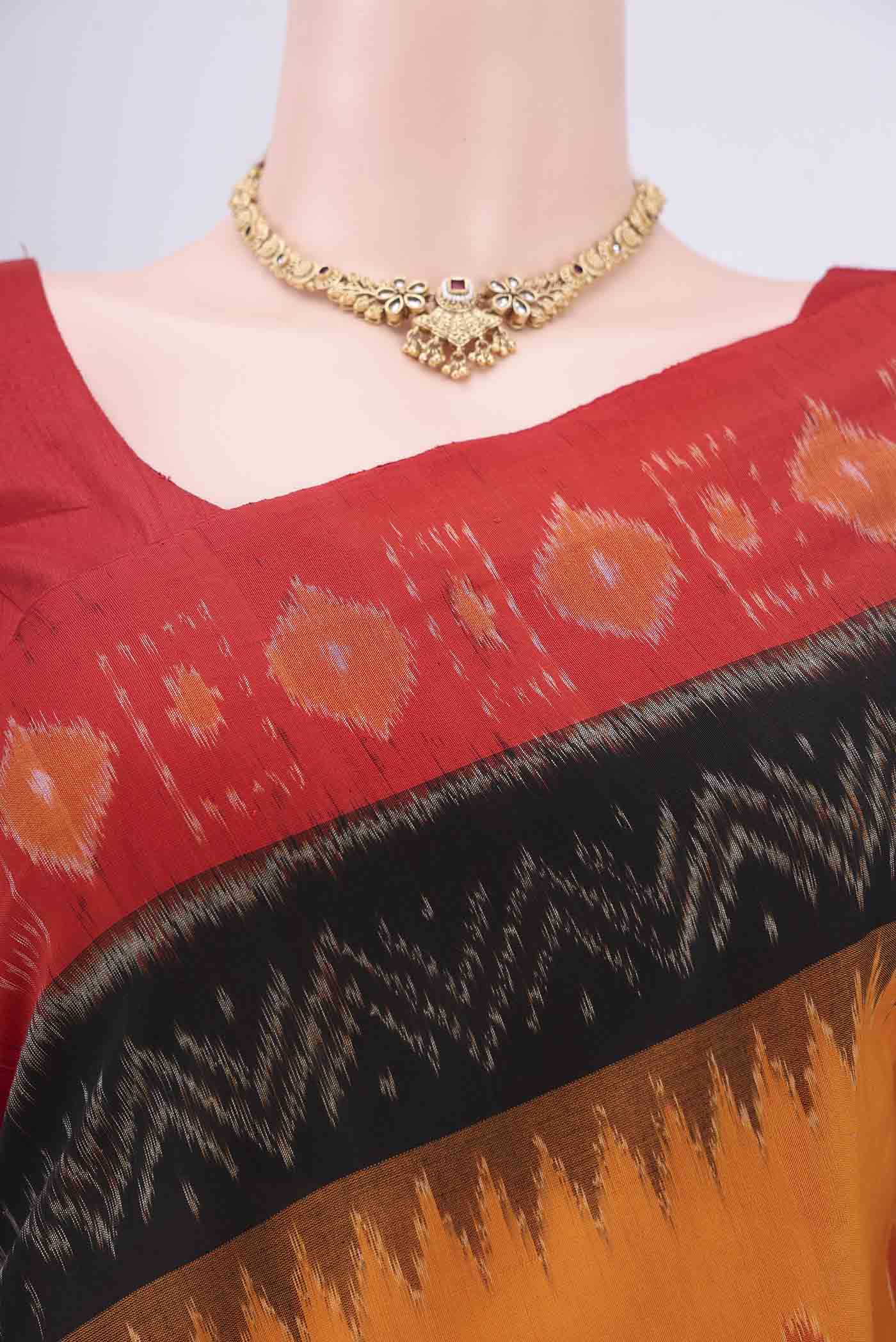 Border image of Mustard Pochampally Cotton Saree with Ikat design on the body and Ikat Border. 