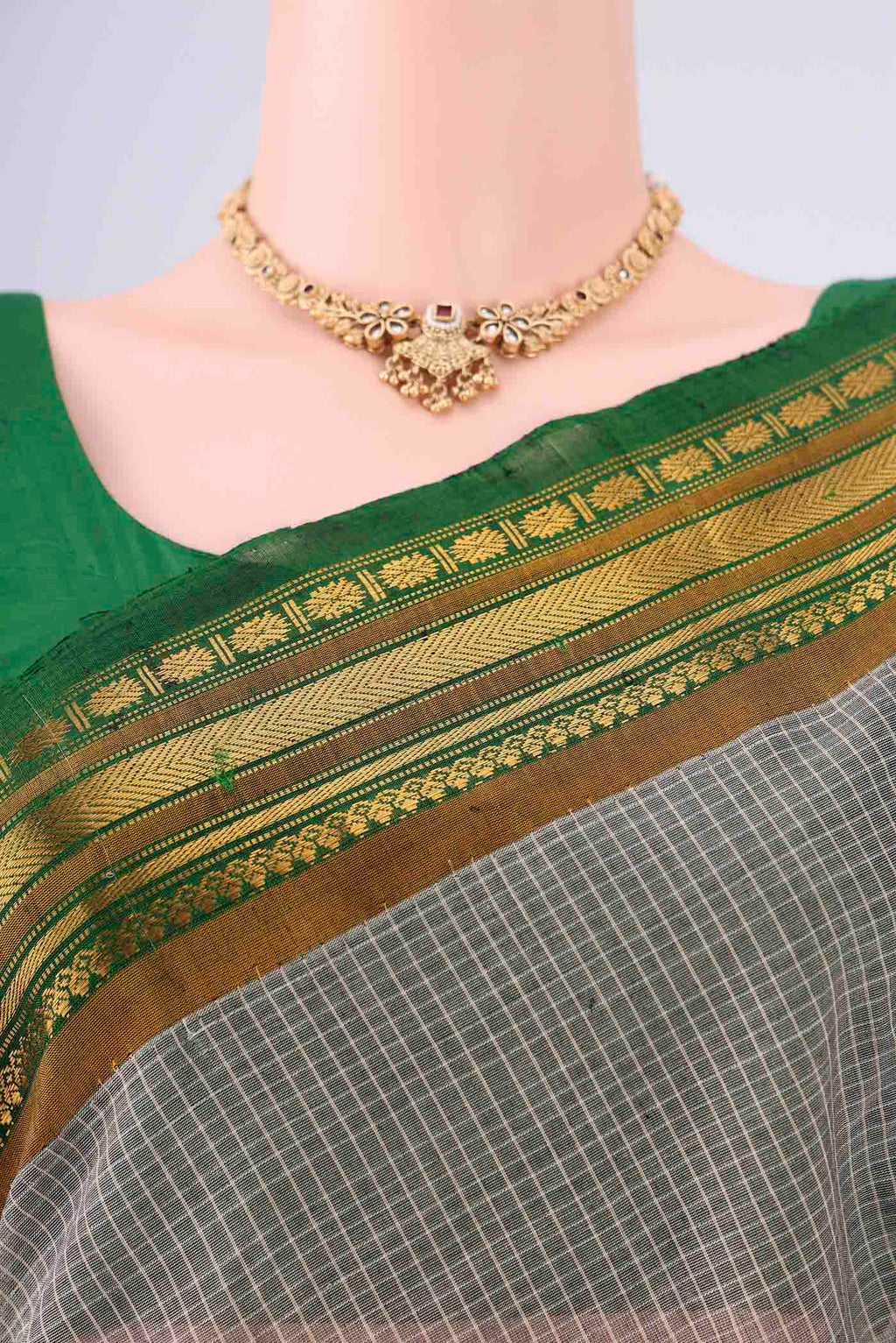 Border image of Grey Gadwal cotton Saree with Checked design on the body and Zari Border. 