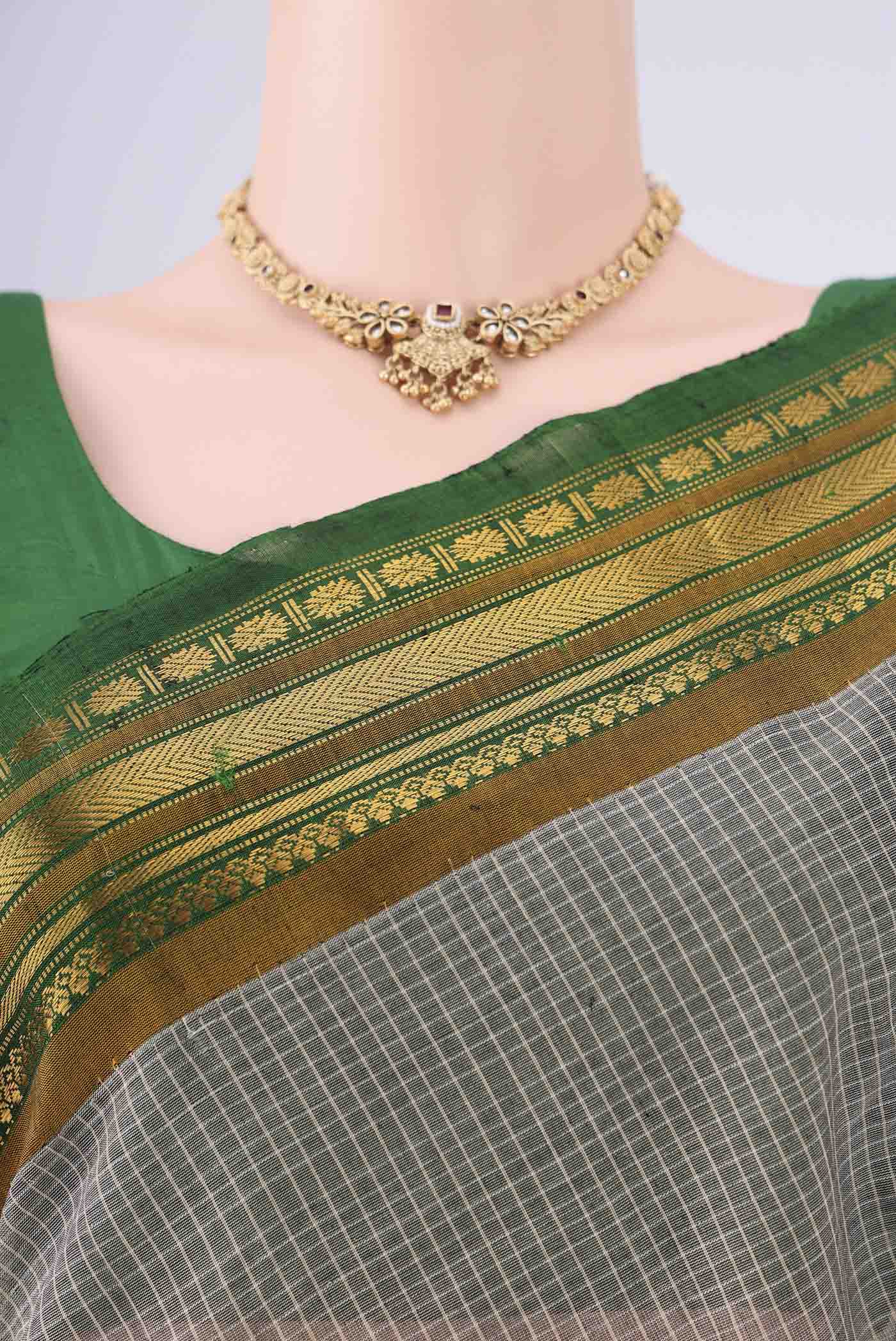 Border image of Grey Gadwal cotton Saree with Checked design on the body and Zari Border. 