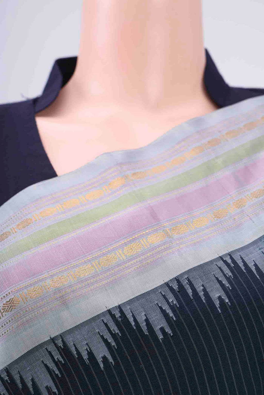 Border image of Davys Grey Gadwal Silk Saree with Stripes on the body and Zari Border. 