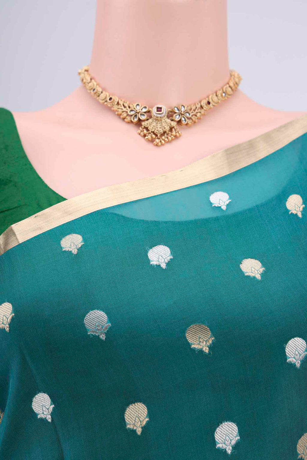 Border image of Blue Organza Silk Saree with Half And Half on the body and Zari Border. 