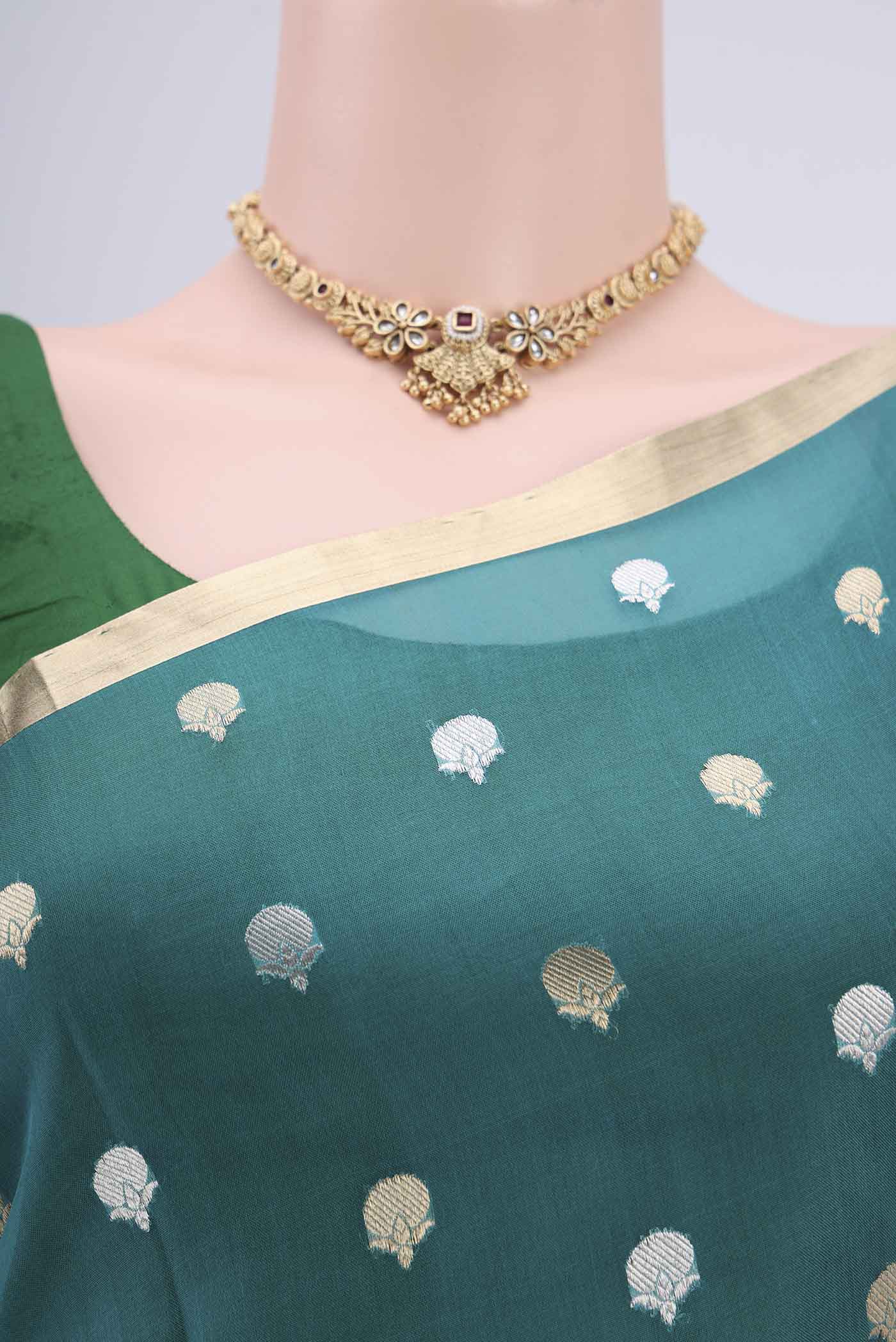 Border image of Blue Organza Silk Saree with Half And Half on the body and Zari Border. 