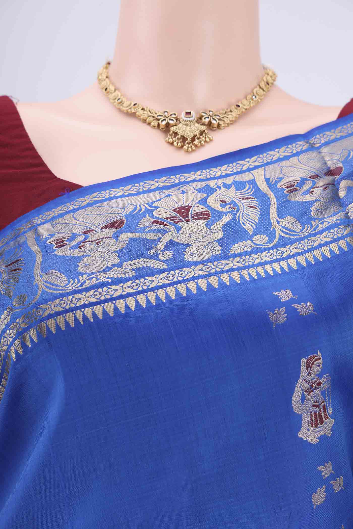 Border image of Royal Blue Baluchari Silk Saree with Zari And Thread Butta on the body and Zari And Thread Border. 