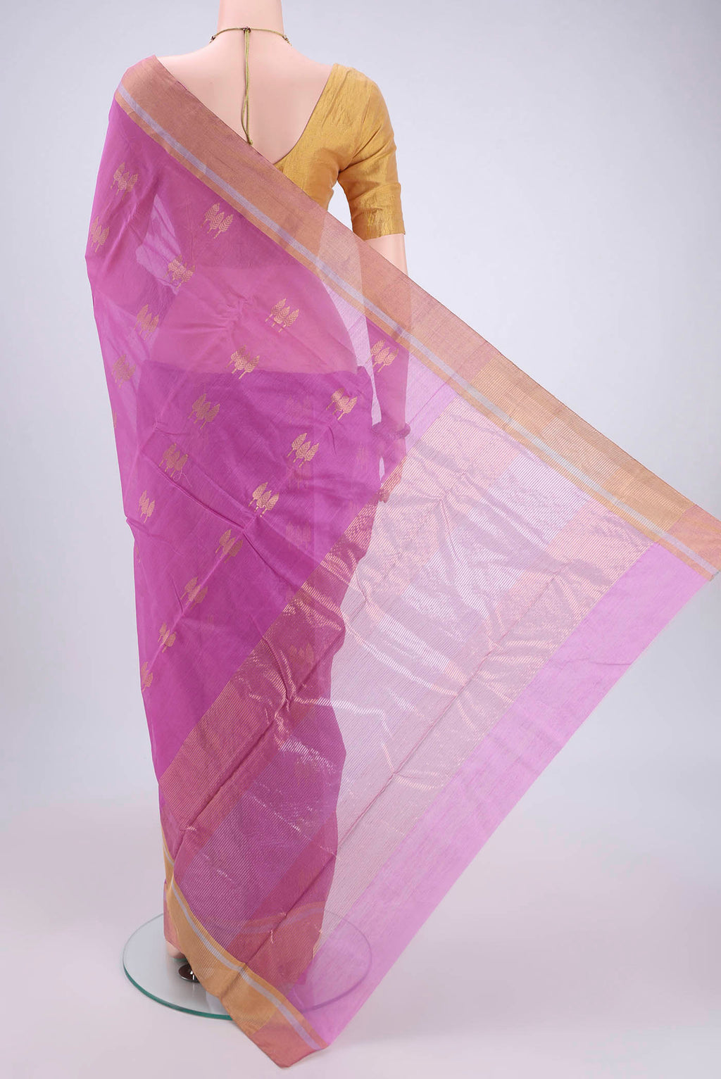 Flat view of Lavender Chanderi Silk Cotton Saree with Zari Butta on the body and Zari Border. 