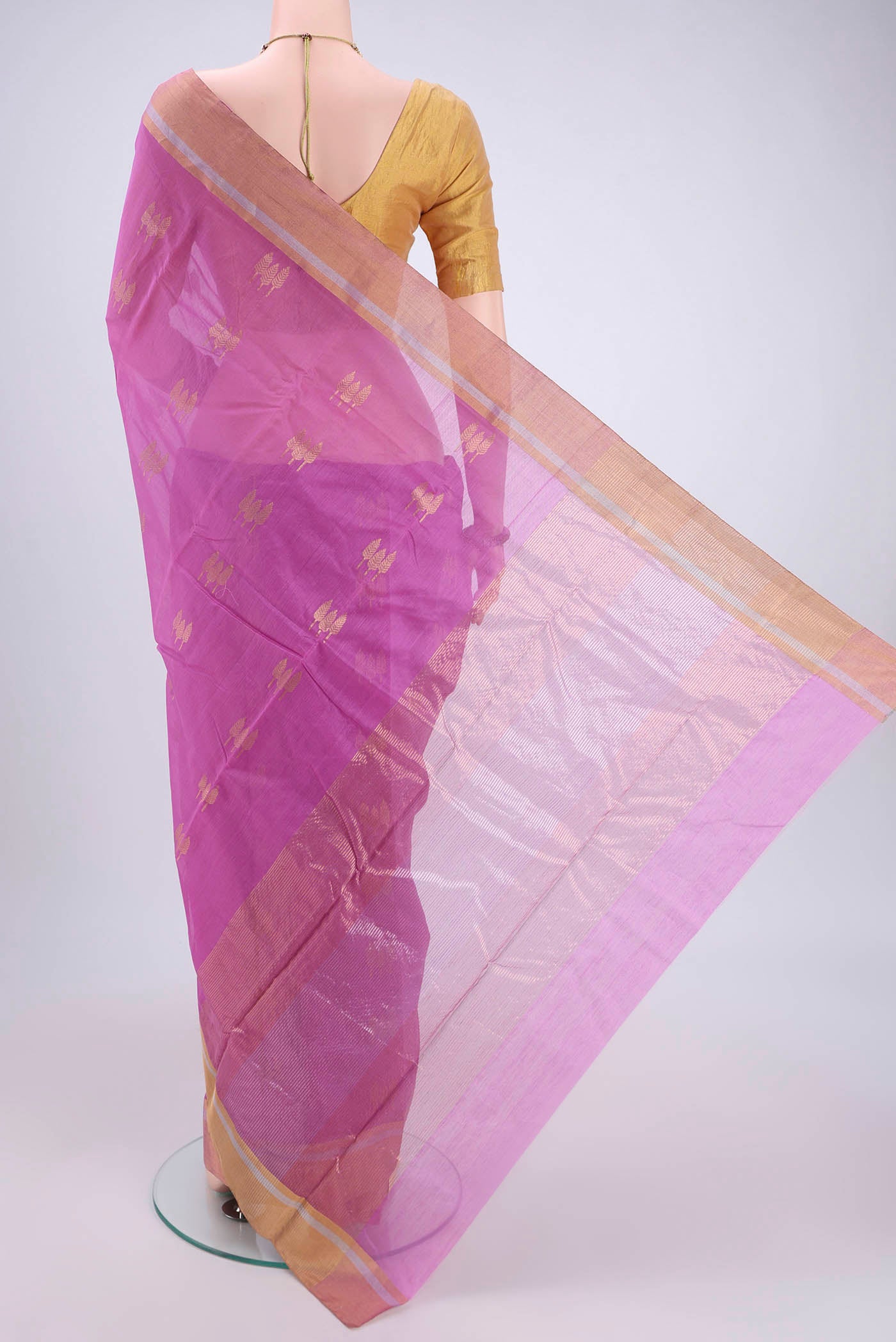 Flat view of Lavender Chanderi Silk Cotton Saree with Zari Butta on the body and Zari Border. 
