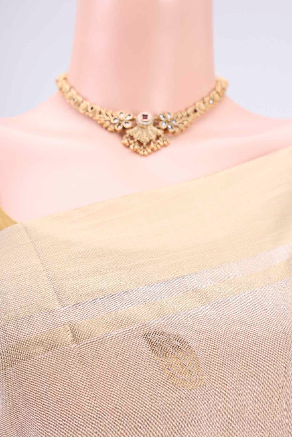 Border image of Pearl White Chanderi Silk Cotton Saree with Zari Butta on the body and Zari Border. 