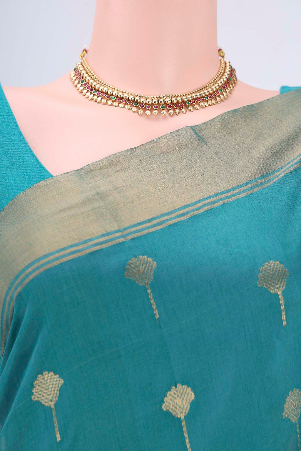 Border image of Maya Blue Chanderi Silk Cotton Saree with Zari Butta on the body and Zari Border. 
