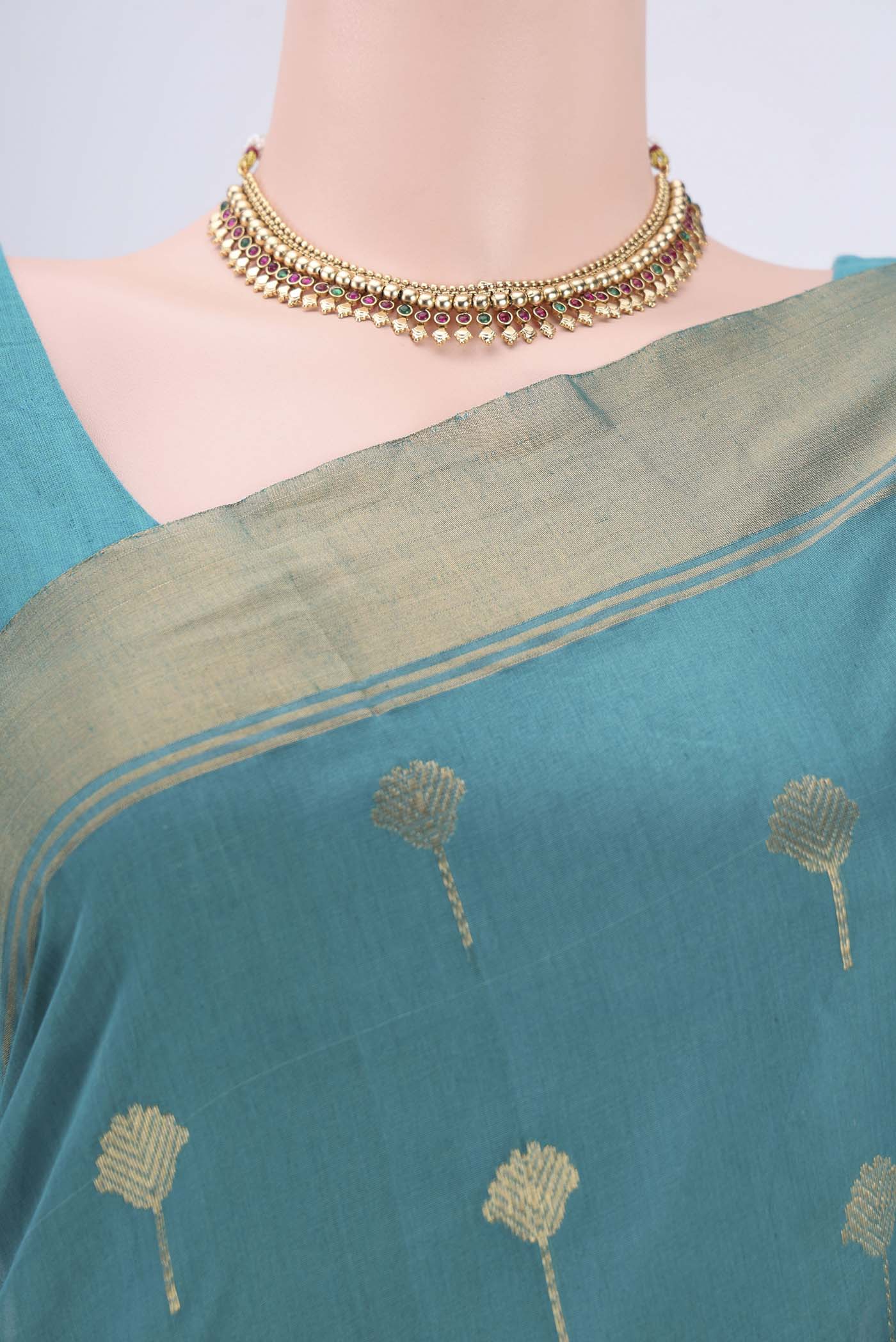 Border image of Maya Blue Chanderi Silk Cotton Saree with Zari Butta on the body and Zari Border. 