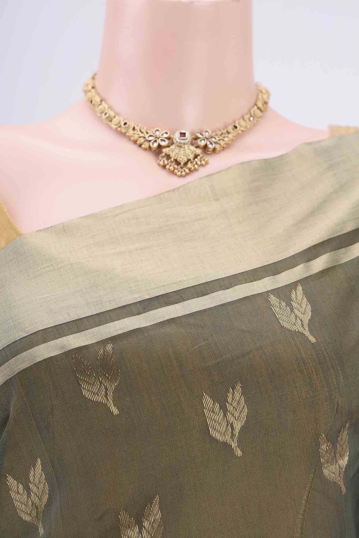 Border image of Sage Green Chanderi Silk Cotton Saree with Zari Butta on the body and Zari Border. 