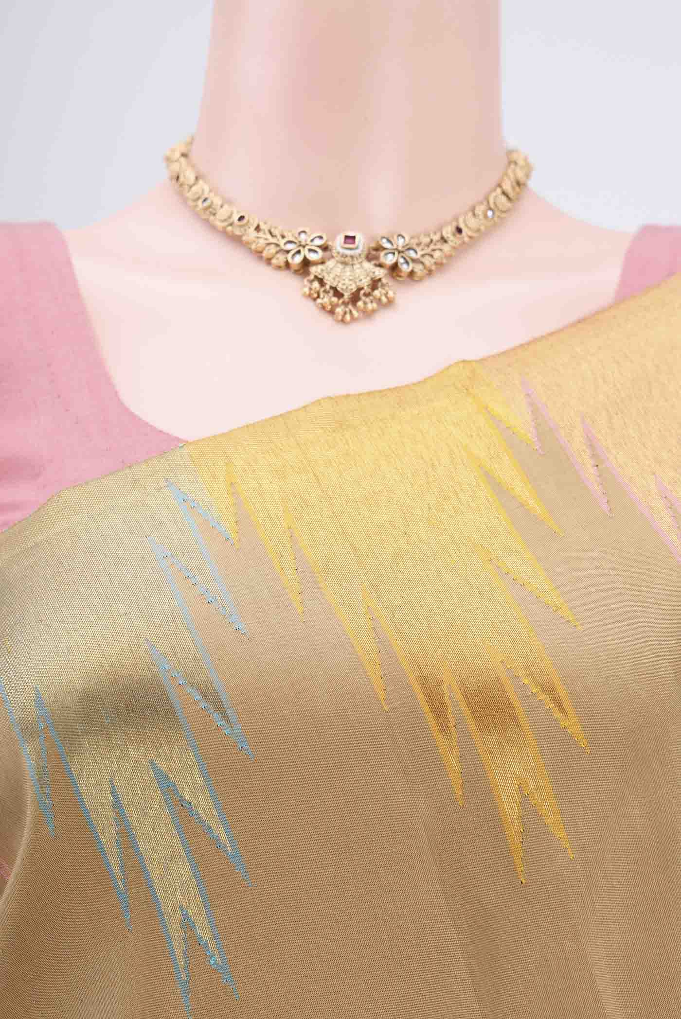 Border image of Dark Beige Kanjivaram Silk Saree with Plain Body and Temple Border. 