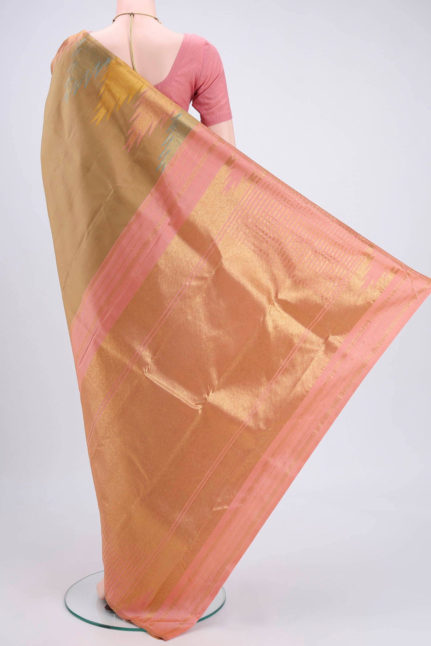 Flat view of Dark Beige Kanjivaram Silk Saree with Plain Body and Temple Border. 