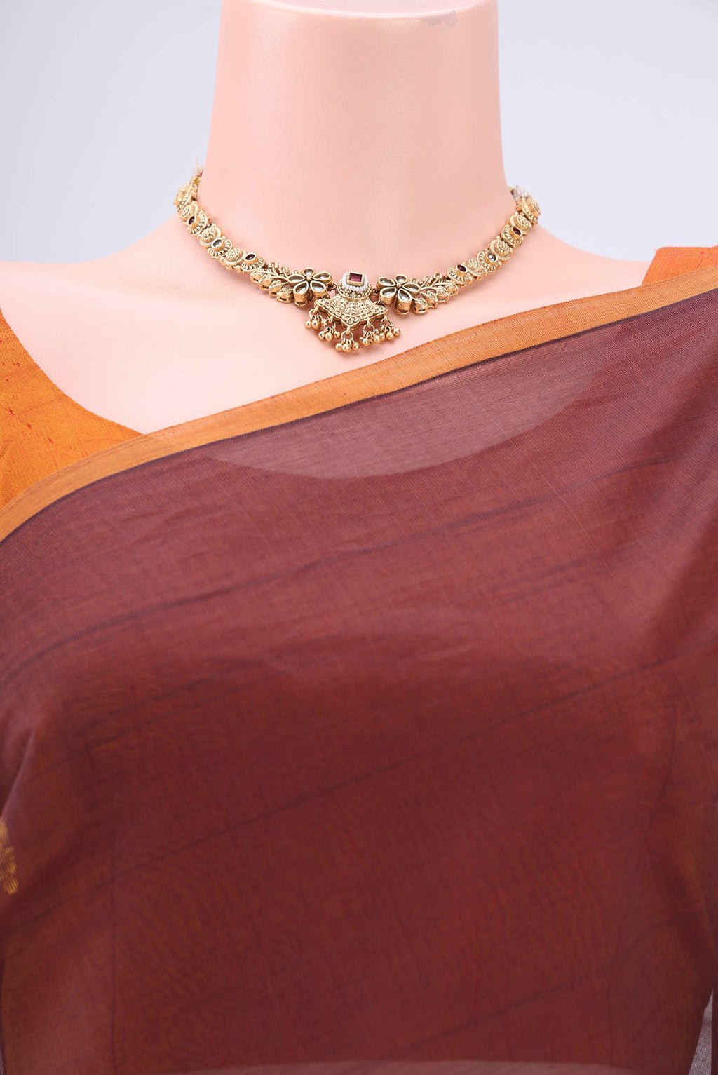 Border image of Brown Venkatagiri Cotton Saree with Zari Butta on the body and Zari Border. 