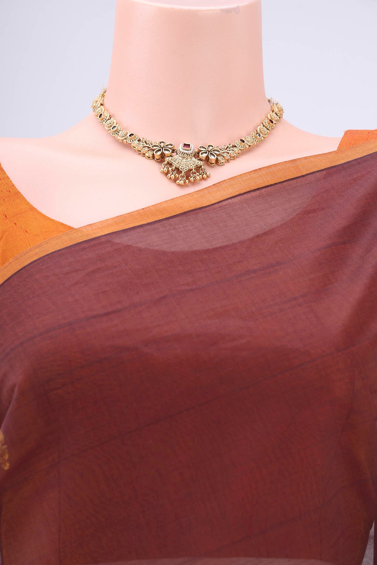 Border image of Brown Venkatagiri Cotton Saree with Zari Butta on the body and Zari Border. 