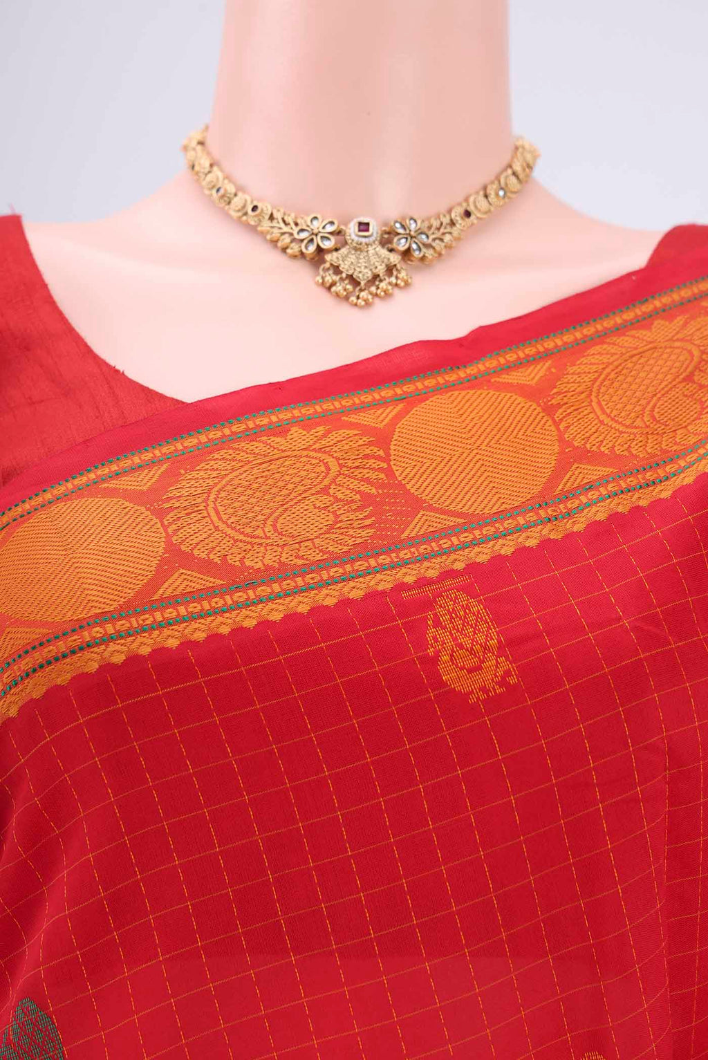 Border image of Red Blended Poly Cotton Saree with Zari Butta on the body and Zari Border. 