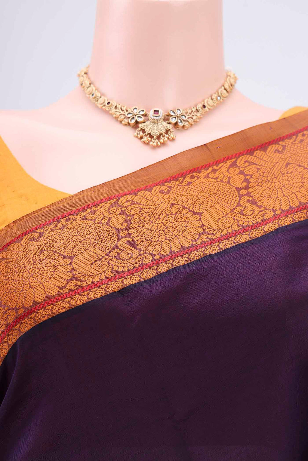 Border image of Burgundy Blended Poly Cotton Saree with Plain Body and Thread Border. 