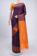 Purple Blended Poly Cotton Saree with Checked design on the body and Thread Border.  displayed on a mannequin