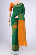 Bottle Green Blended Poly Cotton Saree with Checked design on the body and Thread Border.  displayed on a mannequin