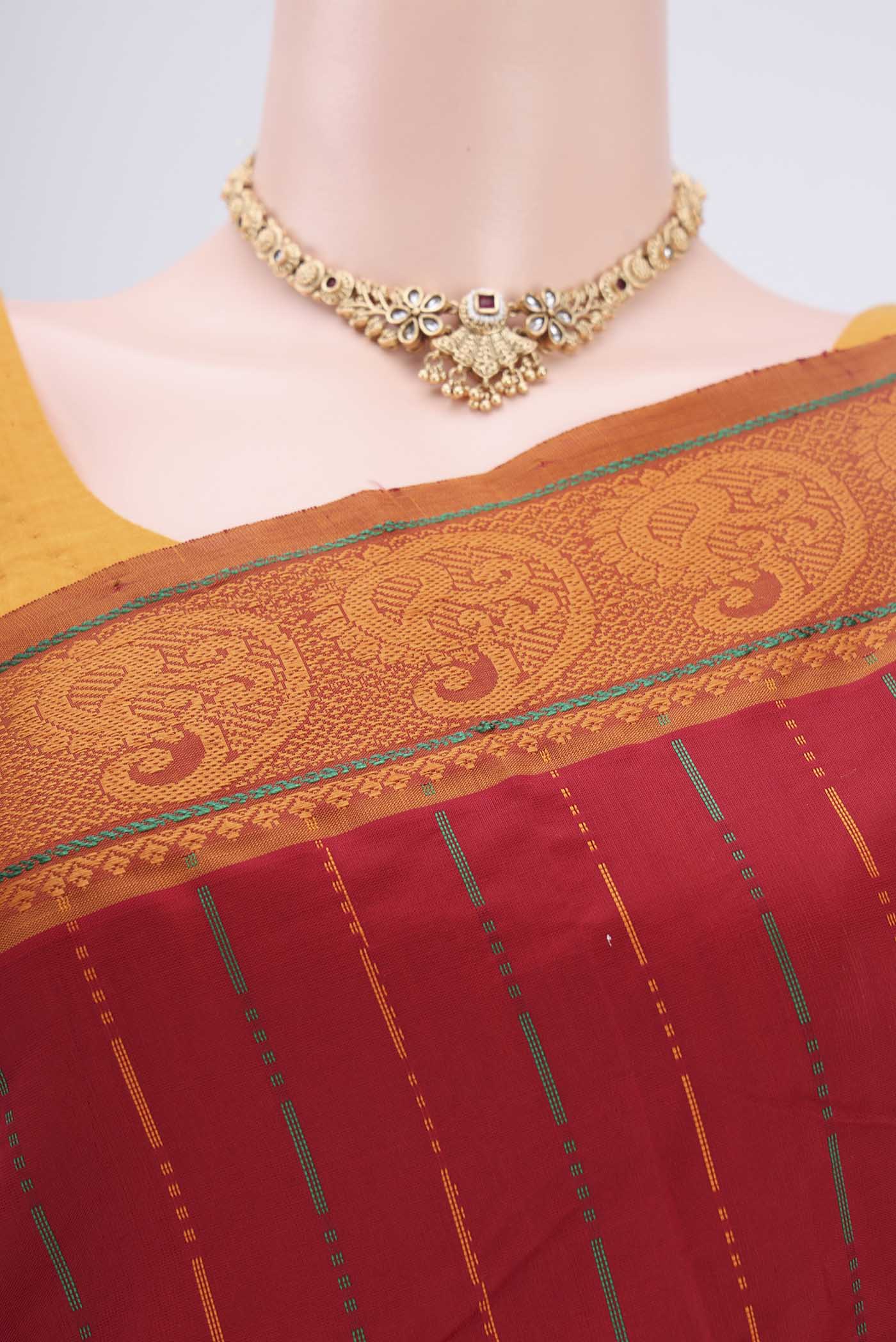 Border image of Red Blended Poly Cotton Saree with Stripes on the body and Thread Border. 