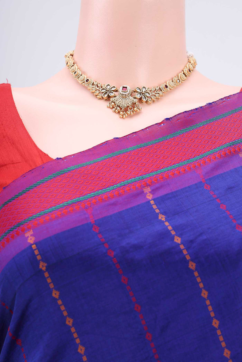 Border image of Navy Blue Blended Poly Cotton Saree with Stripes on the body and Thread Border. 