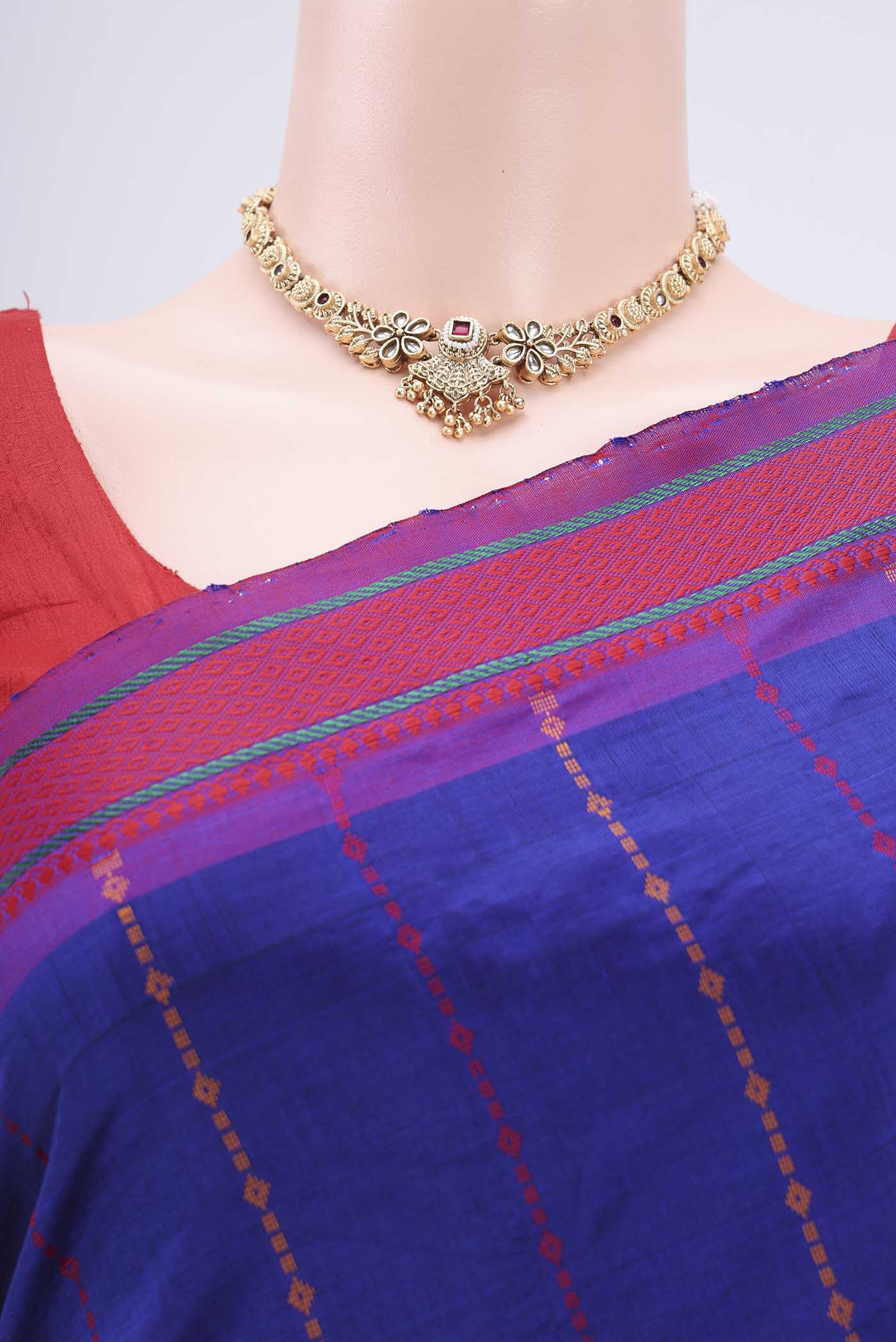 Border image of Navy Blue Blended Poly Cotton Saree with Stripes on the body and Thread Border. 