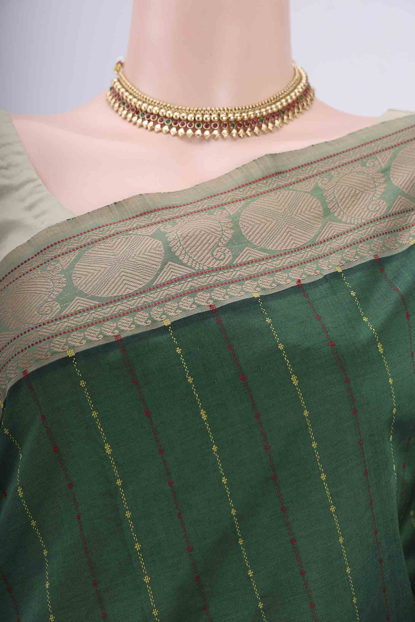 Border image of Bottle Green Blended Poly Cotton Saree with Stripes on the body and Thread Border. 