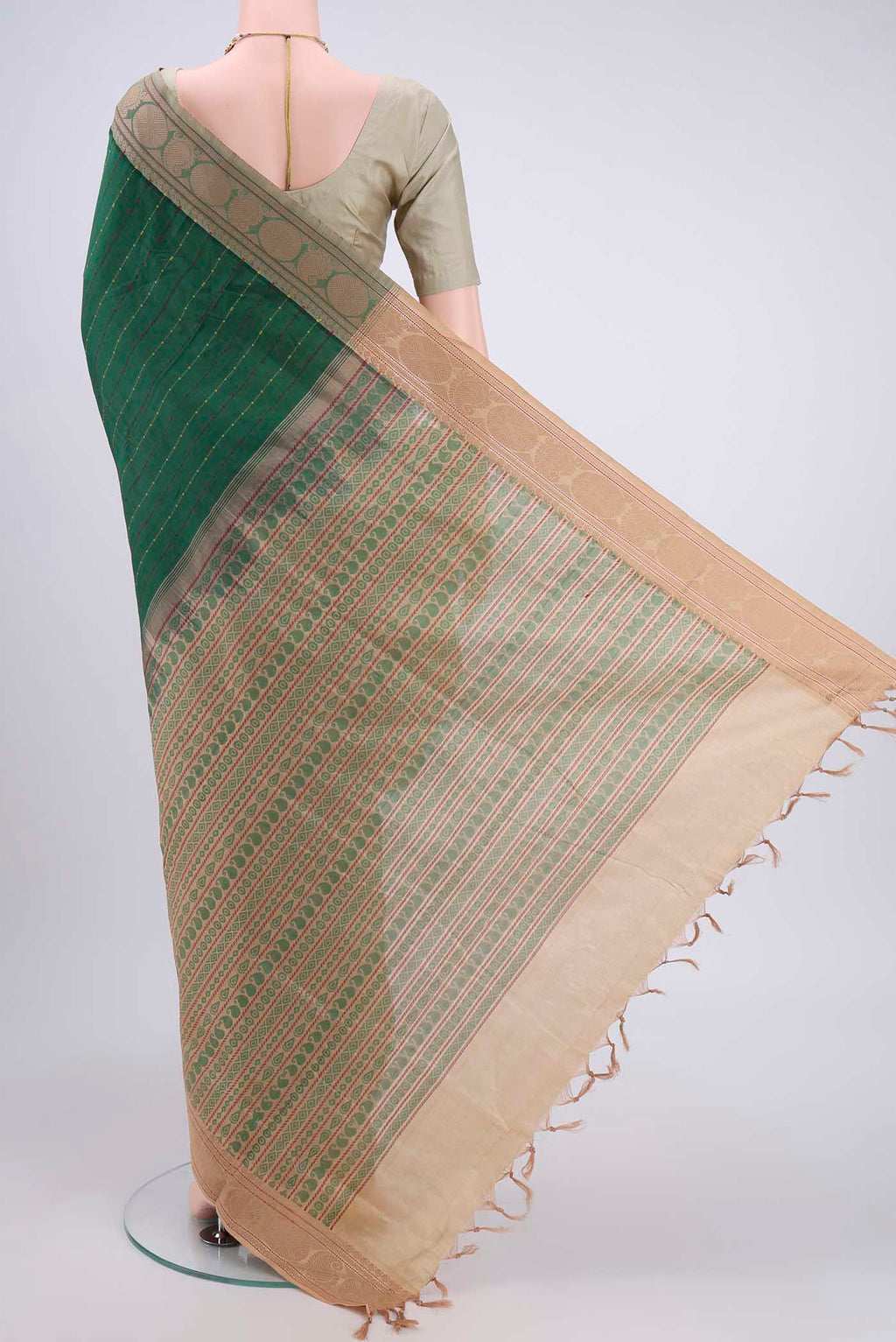Flat view of Bottle Green Blended Poly Cotton Saree with Stripes on the body and Thread Border. 