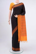 Black Blended Poly Cotton Saree with Stripes on the body and Thread Border.  displayed on a mannequin