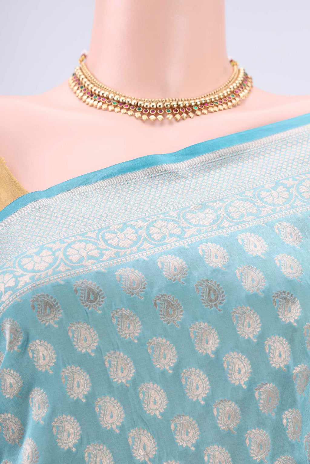 Border image of Sky Blue Banarasi Silk Saree with Zari Butta on the body and Zari Border. 