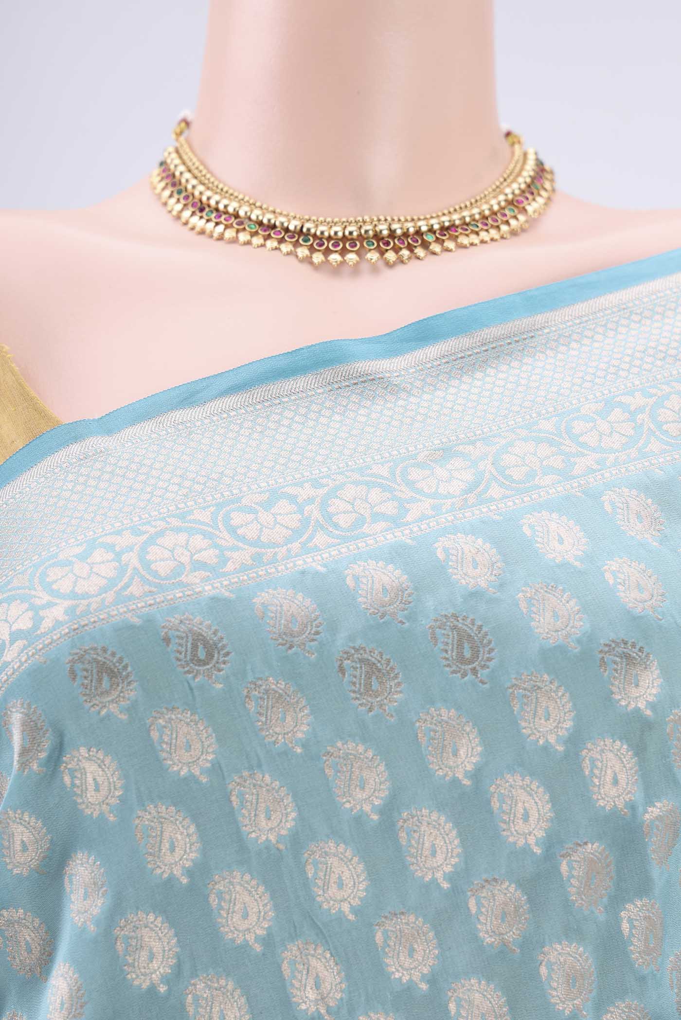 Border image of Sky Blue Banarasi Silk Saree with Zari Butta on the body and Zari Border. 