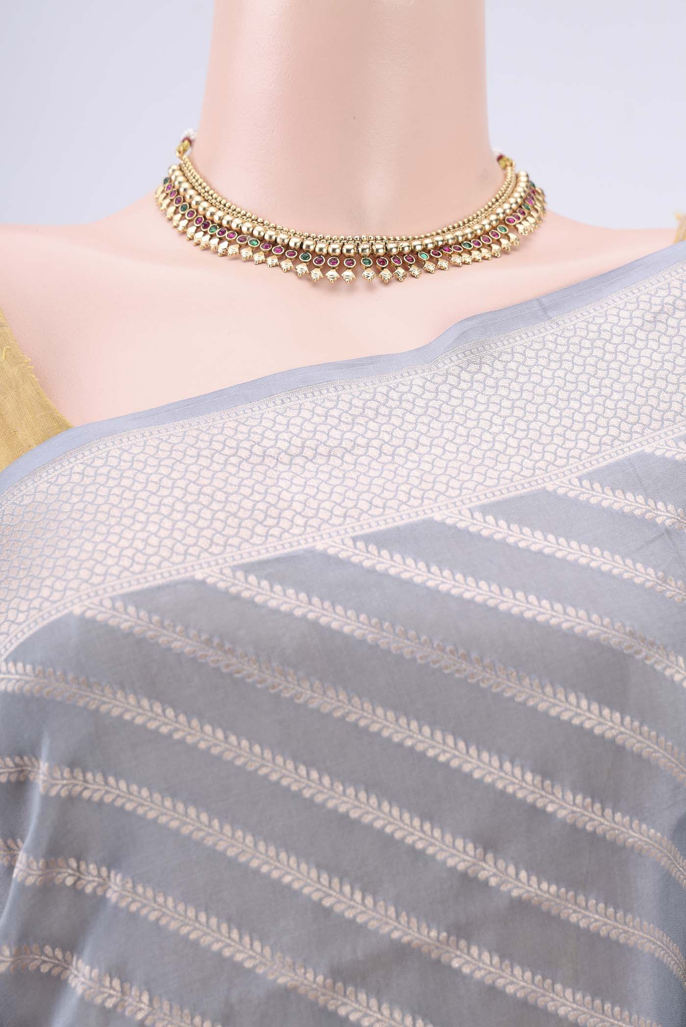 Border image of Blue Grey Banarasi Silk Saree with Stripes on the body and Zari Border. 